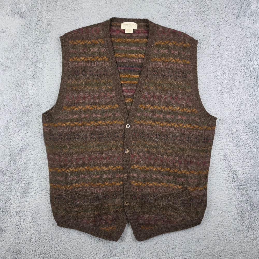 Vintage Banana Republic Wool Sweater Vest Mens L Brown Fair Isle Safari UK Made